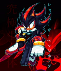 Size: 1758x2048 | Tagged: safe, artist:camomilaxd, shadow the hedgehog, 2025, abstract background, echo background, gun, holding something, japanese text, looking offscreen, no mouth, outline, solo