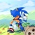Size: 2000x2000 | Tagged: safe, artist:mistren, sonic the hedgehog, sonic frontiers, 2025, abstract background, clouds, daytime, duo, grass, kneeling, koco, looking at viewer, outdoors, smile, smiling at viewer, v sign, wink, winking at viewer