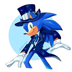 Size: 2000x2000 | Tagged: safe, artist:mistren, sonic the hedgehog, 2025, abstract background, hat, looking at viewer, signature, smile, solo, standing, top hat