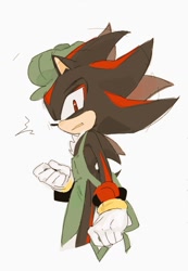 Size: 708x1024 | Tagged: safe, artist:shiajzhsgxhlswj, shadow the hedgehog, the murder of sonic the hedgehog, 2025, apron, clenched fist, clenched teeth, hat, lidded eyes, looking at viewer, simple background, solo, standing, white background