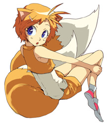 Size: 400x454 | Tagged: safe, artist:klazykonjoe, miles "tails" prower, human, 2025, cute, fox ears, fox tail, hair pin, humanized, looking back, looking offscreen, mouth open, partially humanized, simple background, solo, white background