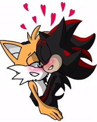 Size: 1639x2048 | Tagged: safe, artist:carolus04010856, miles "tails" prower, shadow the hedgehog, 2025, age difference, base used, blushing, duo, eyes closed, gay, gloves off, heart, holding them, shadow x tails, shipping, simple background, smile, white background