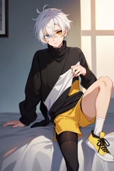 Size: 512x768 | Tagged: safe, ai art, infinite the jackal, human, asymmetrical legwear, blue eyes, humanized, male, shoes, shorts, single leg pantyhose, single sock, single thighhigh, sweater, white hair, yellow eyes