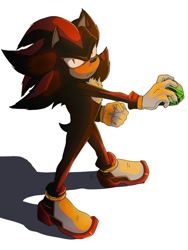 Size: 768x1024 | Tagged: safe, artist:sa_el_k, shadow the hedgehog, 2025, chaos emerald, clenched fist, frown, holding something, looking at viewer, shadow (lighting), simple background, solo, standing, white background