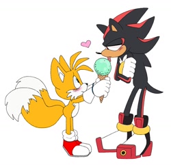 Size: 1161x1119 | Tagged: safe, artist:pachirizuu, miles "tails" prower, shadow the hedgehog, 2025, age difference, arms folded, blushing, duo, flat colors, food, gay, heart, holding something, ice cream, licking, lidded eyes, looking at each other, proship, shadow x tails, shipping, simple background, standing, tongue out, white background