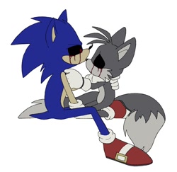 Size: 908x881 | Tagged: safe, artist:pachirizuu, miles "tails" prower, sonic the hedgehog, oc, oc:sonic.exe, oc:tails.exe, 2025, age difference, black sclera, bleeding, bleeding from eyes, blood, duo, flat colors, gay, hand on another's throat, kneeling, proship, shipping, simple background, sitting, sonic x tails, sonic.exe x tails.exe, underage, white background