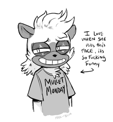 Size: 1003x1091 | Tagged: safe, artist:maskofnova, tangle the lemur, 2024, chest fluff, clenched teeth, english text, greyscale, looking offscreen, monochrome, mullet, shirt, simple background, smile, solo, squinting, white background, words on a shirt