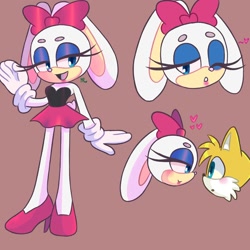 Size: 2000x2000 | Tagged: safe, artist:sonikku1999, carrotia the rabbit, miles "tails" prower, 2022, age difference, beanbrows, blushing, carrotia x tails, duo, lidded eyes, looking at each other, looking at viewer, shipping, smile, standing, straight, tails skypatrol, wink