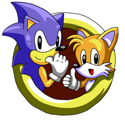 Size: 886x855 | Tagged: safe, artist:jdfrg, miles "tails" prower, sonic the hedgehog, 2023, classic sonic, classic tails, duo, looking at viewer, mouth open, redraw, simple background, smile, sonic chaos, thumbs up, title screen, transparent background