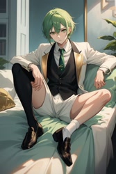 Size: 512x768 | Tagged: safe, ai art, clutch the opossum, human, asymmetrical legwear, green hair, humanized, jacket, loafers, male, shirt, shorts, single sock, single thighhigh, tie, vest, white eyes