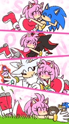 Size: 1000x1795 | Tagged: safe, artist:yotsumeddd, amy rose, blaze the cat, miles "tails" prower, shadow the hedgehog, silver the hedgehog, sonic the hedgehog, hedgehog, amy mistaking everyone for sonic, amy x shadow, amy x sonic, cute, group, literal animal, shipping, silvamy, straight