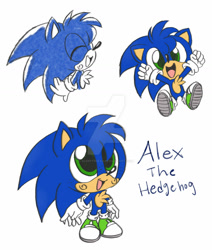 Size: 1280x1508 | Tagged: safe, artist:sleepy3head, oc, oc:alex the hedgehog, hedgehog, baby, blue fur, eyes closed, fluffy, green shoes, happy, jumping, looking at viewer, looking offscreen, oc only, open mouth, siblings, smile, solo, standing, white background