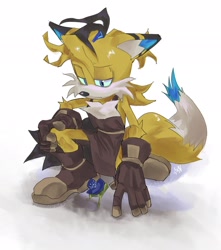 Size: 1810x2048 | Tagged: safe, artist:ramhamwaldoin, miles "tails" prower, 2025, aged up, apron, arm fluff, boots, brown gloves, brown shoes, chest fluff, crouching, ear fluff, flower, fur markings, hand on knee, lidded eyes, looking at something, older, shadow (lighting), simple background, solo, white background