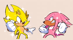 Size: 2048x1118 | Tagged: safe, artist:bluespheres07, knuckles the echidna, sonic the hedgehog, super knuckles, super sonic, 2025, beige background, clenched fist, clenched fists, clenched teeth, duo, imminent fight, looking at each other, simple background, sparkles, standing, super form