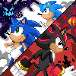 Size: 600x600 | Tagged: safe, artist:koas-mass, black doom, shadow the hedgehog, sonic the hedgehog, sonic x shadow generations, 2024, abstract background, classic sonic, doom's eye, frown, group, looking offscreen, pixel art, self paradox, smile, time eater