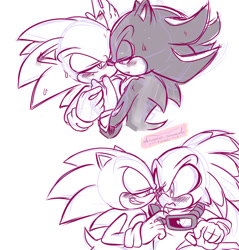 Size: 1280x1340 | Tagged: safe, artist:aresworld-suniverse, jet the hawk, shadow the hedgehog, sonic the hedgehog, 2018, blushing, blushing ears, gay, goggles, goggles around neck, group, jet x sonic, lidded eyes, looking at each other, monochrome, shadow x sonic, shipping, simple background, sketch, sweatdrop, white background