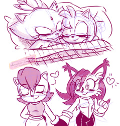 Size: 1280x1340 | Tagged: safe, artist:aresworld-suniverse, amy rose, blaze the cat, nicole the hololynx, sally acorn, 2018, amy x blaze, blushing, cute, eye clipping through hair, eyebrow clipping through hair, eyes closed, group, heart, holding hands, lesbian, monochrome, nicole x sally, shipping, simple background, sketch, sleeping, smile, white background