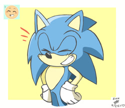 Size: 1172x1014 | Tagged: safe, artist:kitties-and-heavy-metal, sonic the hedgehog, 2017, abstract background, border, clenched fists, clenched teeth, eyes closed, hands on hips, reference inset, signature, smile, solo, standing