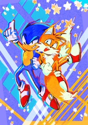 Size: 1448x2048 | Tagged: safe, artist:chuelectrico20, miles "tails" prower, sonic the hedgehog, 2025, abstract background, clenched fist, clenched teeth, duo, linking arms, looking at viewer, looking offscreen, mid-air, mouth open, open mouth, pointing, smile, star (symbol)