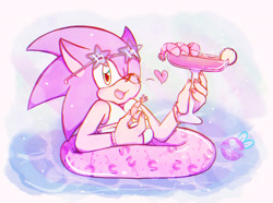 Size: 2048x1520 | Tagged: safe, artist:magicstormfrost, sonic the hedgehog, 2025, abstract background, cocktail, cocktail glass, cute, drink, food, heart, holding something, lemon, looking at viewer, mouth open, open mouth, open smile, shrimp, smile, solo, sunglasses, swimming tube, swimsuit, water, wink