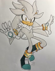 Size: 2048x2670 | Tagged: safe, artist:jasethegooberton, silver the hedgehog, 2025, arms out, flat colors, looking at viewer, signature, simple background, smile, solo, standing, standing on one leg, traditional media