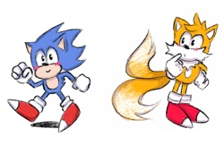 Size: 2192x1430 | Tagged: safe, artist:jenshuriki, miles "tails" prower, sonic the hedgehog, 2019, age difference, blushing, classic sonic, classic tails, clenched fists, duo, edit, gay, hand on hip, looking at them, looking at viewer, male, mouth open, running, shadow (lighting), shipping, simple background, smile, sonic x tails, standing, stitched, white background