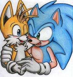 Size: 1280x1345 | Tagged: safe, artist:alittletangooki-art, miles "tails" prower, sonic the hedgehog, 2019, age difference, blushing, cheek squish, cheek to cheek, duo, fangs, gay, holding hands, looking at each other, mouth open, one eye closed, open mouth, open smile, shipping, simple background, smile, sonic x tails, traditional media, white background