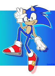 Size: 1280x1766 | Tagged: safe, artist:11sheepish11, sonic the hedgehog, 2018, abstract background, clenched teeth, ear fluff, flat colors, looking at viewer, mid-air, outline, signature, smile, solo, v sign