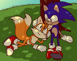 Size: 1280x1015 | Tagged: safe, artist:11sheepish11, miles "tails" prower, sonic the hedgehog, 2018, abstract background, age difference, cute, daytime, duo, ear fluff, gay, grass, hand on another's head, looking at each other, lying down, lying on side, outdoors, shadow (lighting), shipping, signature, sitting, smile, sonabetes, sonic x tails, tailabetes, tree, under a tree