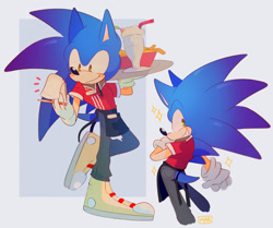 Size: 1280x1068 | Tagged: safe, artist:scuttletown, sonic the hedgehog, 2018, abstract background, apron, blushing, clothes, drink, food, holding something, jeans, looking at something, looking at viewer, looking back, looking back at viewer, looking over shoulder, male, name tag, notepad, pencil, plate, shirt, signature, smile, smoothie, solo, sparkles, standing, standing on one leg, waiter