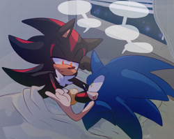 Size: 1280x1017 | Tagged: safe, artist:scuttletown, shadow the hedgehog, sonic the hedgehog, 2018, bed, duo, gay, gloves off, indoors, lidded eyes, looking at each other, lying down, lying on side, male, mouth open, nighttime, open mouth, open smile, pillow, shadow x sonic, shipping, speech bubble, talking