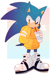 Size: 1033x1372 | Tagged: safe, artist:scuttletown, sonic the hedgehog, 2018, abstract background, blushing, drink, drinking, hand in pocket, holding something, hoodie, looking at viewer, male, smoothie, sneakers, solo