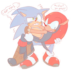 Size: 1200x1094 | Tagged: safe, artist:scuttletown, mighty the armadillo, sonic the hedgehog, 2018, blushing, carrying them, clenched teeth, dialogue, duo, english text, gay, holding each other, looking down, looking up, mouth open, shipping, simple background, sonighty, struggling, sweatdrop, this won't end well, white background