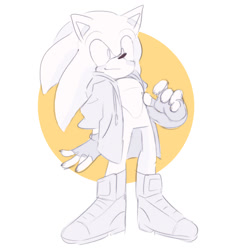 Size: 1280x1378 | Tagged: safe, artist:scuttletown, sonic the hedgehog, 2018, abstract background, boots, fingerless gloves, jacket, looking offscreen, male, monochrome, open jacket, smile, solo, standing