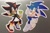 Size: 1280x854 | Tagged: safe, artist:scuttletown, shadow the hedgehog, sonic the hedgehog, chaos emerald, clothes, cropped hoodie, cute, duo, frown, holding something, jacket, looking at viewer, open jacket, outline, pointing, smile, sneakers, sticker, white outline