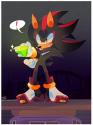 Size: 1280x1721 | Tagged: safe, artist:scuttletown, shadow the hedgehog, sonic adventure 2, 2019, abstract background, blushing, border, bridge, building, central city, chaos emerald, clenched fist, clenched teeth, daytime, exclamation mark, holding something, looking offscreen, outdoors, signature, solo, sparkles, speech bubble, star (sky)