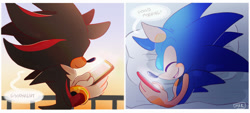 Size: 1280x576 | Tagged: safe, artist:scuttletown, shadow the hedgehog, sonic the hedgehog, 2019, abstract background, bed, blushing, cute, dialogue, duo, english text, eyes closed, gay, holding something, indoors, lying down, lying on side, male, mouth open, open mouth, open smile, outdoors, phone, shadow x sonic, shipping, smartphone, smile, speech bubble, standing