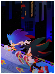 Size: 1280x1699 | Tagged: safe, artist:scuttletown, shadow the hedgehog, sonic the hedgehog, sonic adventure 2, 2018, abstract background, border, clenched fist, clenched teeth, duo, duo male, frown, looking at each other, male, males only, racing, running, signature, smile, soap shoes, star (sky)