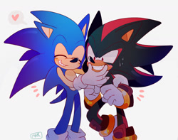 Size: 1280x1008 | Tagged: safe, artist:scuttletown, shadow the hedgehog, sonic the hedgehog, 2018, blushing, clenched fist, clenched teeth, cute, duo, eyes closed, forced smile, heart, male, simple background, smile, sonabetes, standing, sweatdrop, white background