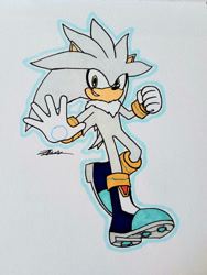 Size: 828x1104 | Tagged: safe, artist:dragonswirl, silver the hedgehog, hedgehog, boots, gloves, grey fur, male, traditional media, yellow eyes