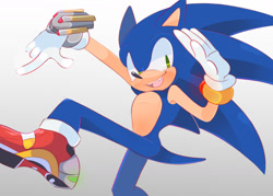 Size: 1280x914 | Tagged: safe, artist:scuttletown, sonic the hedgehog, sonic adventure 2, 2018, bounce bracelet, flame ring, gradient background, light shoes, looking at viewer, male, mid-air, mouth open, open mouth, open smile, posing, salute, smile, soap shoes, solo