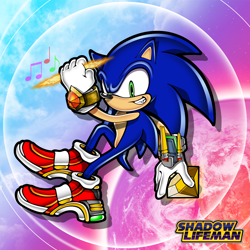 Size: 2500x2500 | Tagged: safe, artist:shadowlifeman, sonic the hedgehog, sonic adventure 2, 2021, abstract background, bounce bracelet, chaos emerald, clenched fist, clenched teeth, flame ring, holding something, light shoes, male, signature, smile, soap shoes, solo, uekawa style