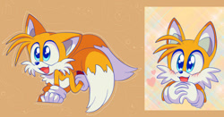 Size: 900x471 | Tagged: safe, artist:montyth, miles "tails" prower, 2020, abstract background, all fours, blushing, cute, hands together, heart, looking offscreen, male, mouth open, open mouth, open smile, solo, wide eyes