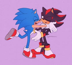 Size: 1763x1591 | Tagged: safe, artist:gunstellations, shadow the hedgehog, sonic the hedgehog, 2025, blushing, cute, duo, eyes closed, gay, imminent hugging, mouth open, one eye closed, one fang, open mouth, open smile, purple background, shadow x sonic, shadowbetes, shipping, signature, simple background, smile, sonabetes, standing