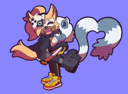 Size: 1461x1080 | Tagged: safe, artist:danaestheticart, tangle the lemur, whisper the wolf, 2025, carrying them, cute, duo, eyes closed, fangs, heart tail, holding each other, lesbian, lidded eyes, looking at viewer, meme, open smile, purple background, shipping, simple background, smile, standing, tall lesbian, tangle x whisper, violet background