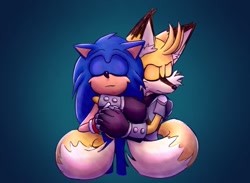 Size: 1540x1126 | Tagged: safe, artist:jeffydust, miles "tails" prower, sonic the hedgehog, 2025, aged up, duo, eyes closed, frown, fur markings, gay, gradient background, hugging, hugging from behind, older, shipping, smile, sonic x tails, standing