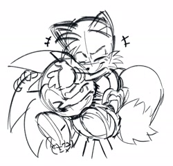 Size: 2048x1957 | Tagged: safe, artist:thatbirdguy_, miles "tails" prower, sonic the hedgehog, 2025, clenched teeth, duo, eyes closed, floppy ears, holding each other, line art, looking at them, one eye closed, riding on back, simple background, sketch, smile, standing, white background