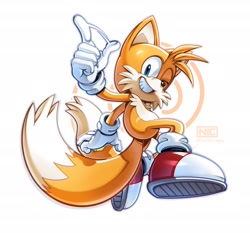 Size: 2048x1906 | Tagged: safe, artist:thatbirdguy_, miles "tails" prower, 2025, abstract background, clenched teeth, finger snap, looking at viewer, signature, smile, solo, wink