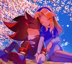 Size: 2048x1827 | Tagged: safe, artist:akamimirai, maria robotnik, shadow the hedgehog, human, abstract background, alternate version, cherry blossom tree, clouds, cute, daytime, duo, eyes closed, frown, holding hands, leaning on them, mariabetes, outdoors, shadowbetes, sitting, smile