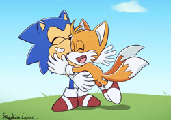 Size: 1280x903 | Tagged: safe, artist:sapphireluna, miles "tails" prower, sonic the hedgehog, 2025, abstract background, classic sonic, classic tails, clenched teeth, clouds, cute, daytime, duo, eyes closed, grass, hugging, mouth open, open mouth, open smile, outdoors, signature, smile, standing, youtube link in description